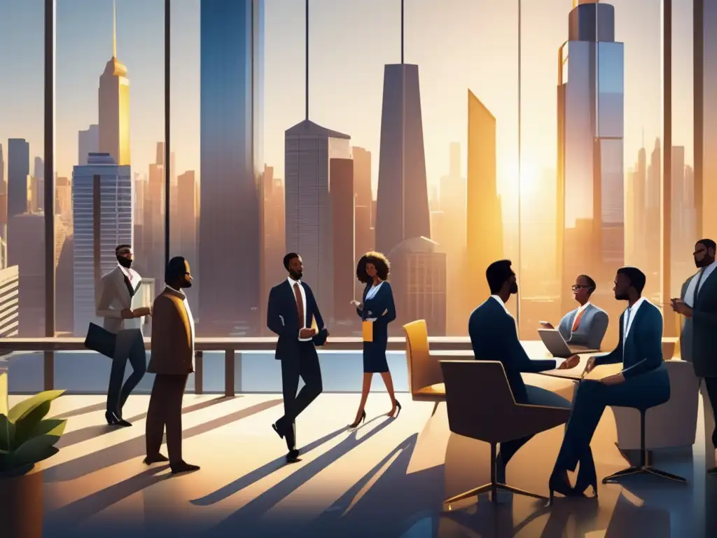 Ciudad próspera con rascacielos y empresarios Ciudad con rascacielos y empresarios, reflejo del sector inmobiliario y la influencia de tabúes financieros