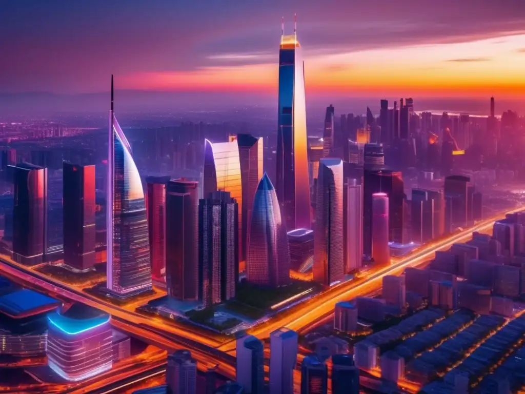 Ciudad futurista con rascacielos y atardecer Ciudad con rascacielos futuristas en atardecer: Inversiones alternativas riesgos potenciales