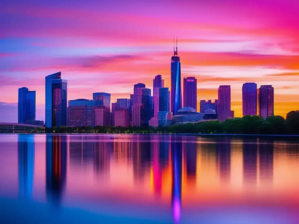Ciudad vibrante al atardecer con rascacielos y un cielo anaranjado y rosa Ciudad a atardecer, rascacielos moderno reflejando colorido cielo y actividad urbana, cambio climático mercados financieros