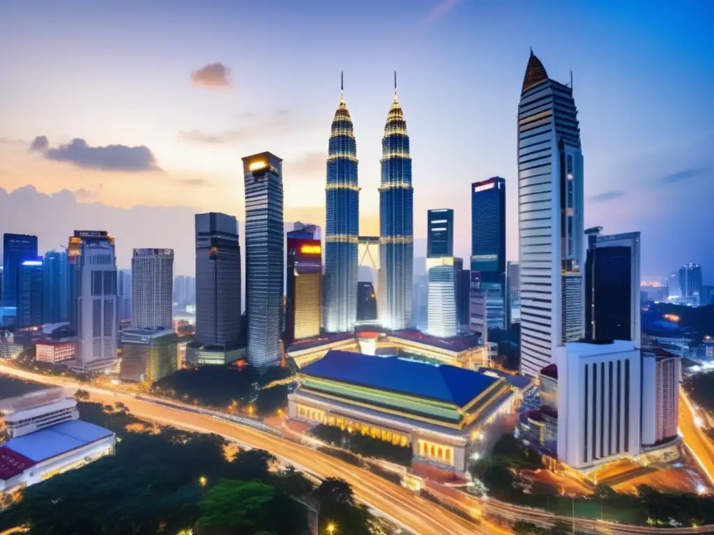 Amanecer en una ciudad malasia: paisaje urbano vibrante y diverso Ciudad de Malasia al anochecer con rascacielos modernos, profesionales en discusión, tribunal y herencia cultural
