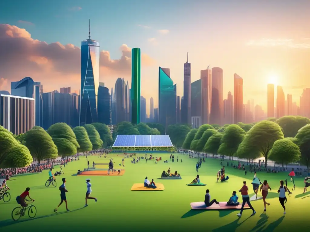 Una ciudad vibrante que combina desarrollo urbano y conciencia ambiental Ciudad sostenible al atardecer, con rascacielos, parque verde y fondos de inversión de impacto