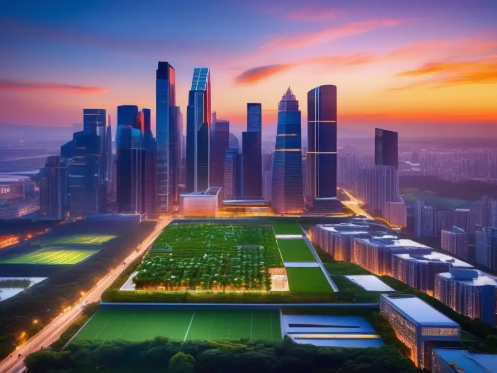 Ciudad sostenible al atardecer Ciudad sostenible al atardecer: inversión sostenible en infraestructura