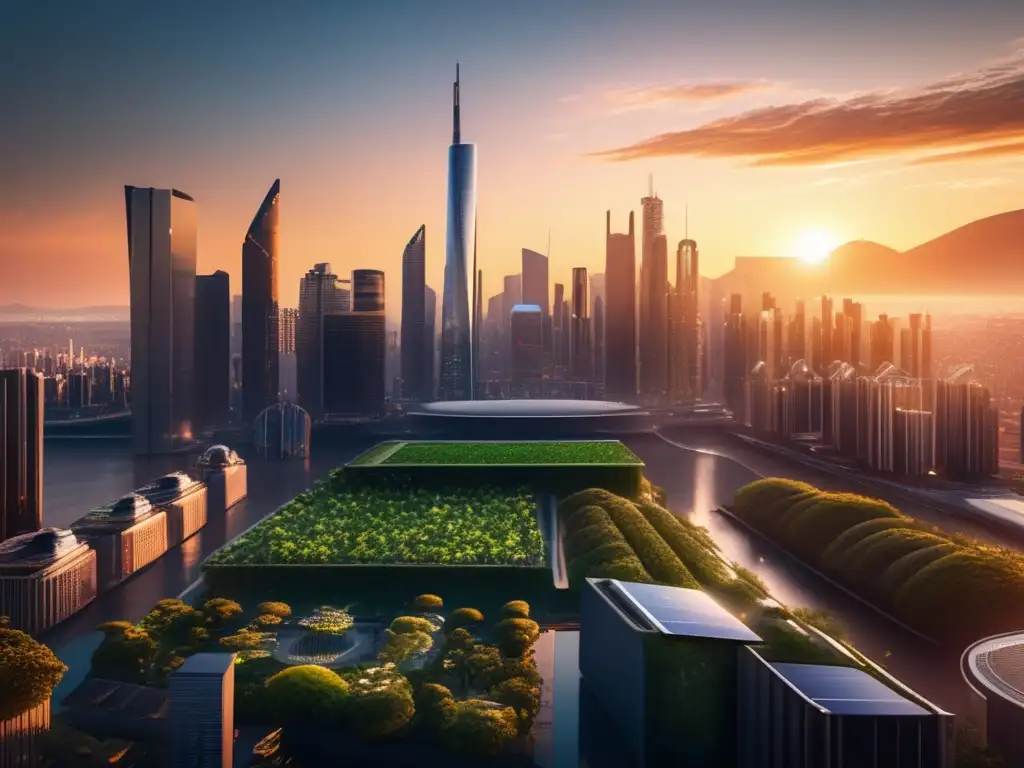 Ciudad sostenible y próspera al atardecer Ciudad sostenible con beneficios económicos del negocio del carbono
