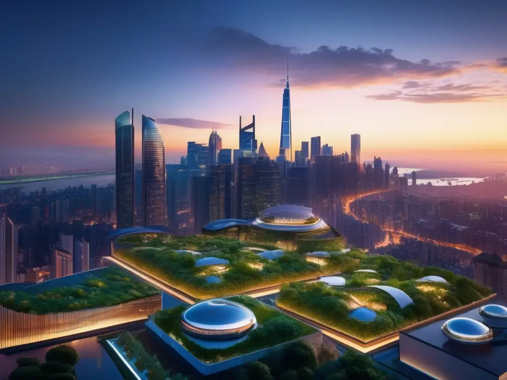 Ciudad sostenible al atardecer Ciudad sostenible con certificaciones financieras: beneficios urbanos y naturaleza