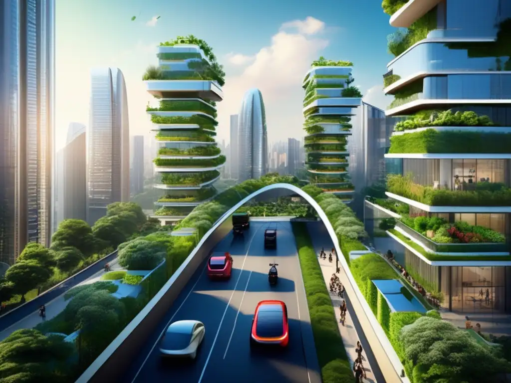 Ciudad sostenible con arquitectura verde Ciudad sostenible con Fondos ESG: Modernidad, naturaleza y transporte ecológico