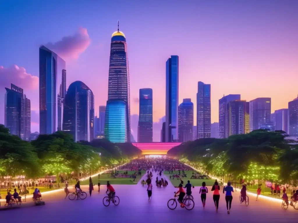 Ciudad moderna y verde al atardecer Ciudad sostenible: inversión en infraestructura verde