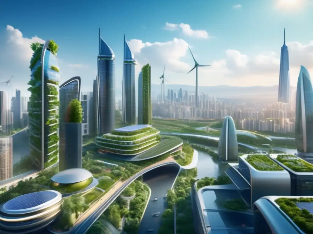 Futuro sostenible: ciudad verde y energías renovables Ciudad futurista sostenible, inversión en energías renovables continentales