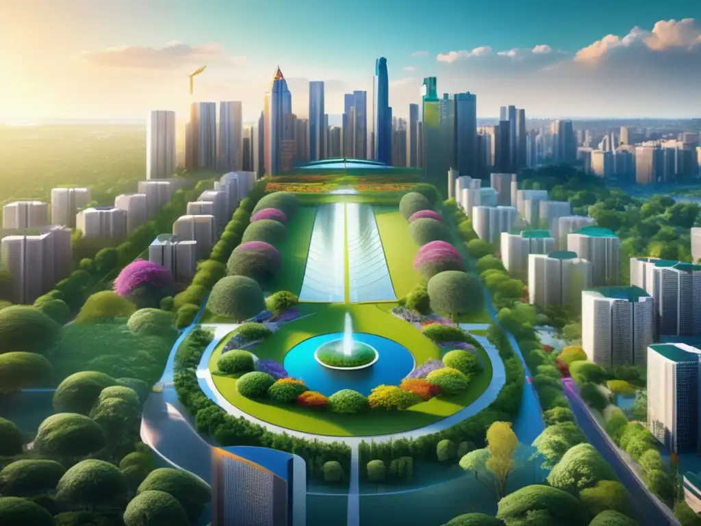 Ciudad sostenible con naturaleza y rascacielos Ciudad sostenible con inversiones ESG: parque verde, rascacielos eco, transporte limpio
