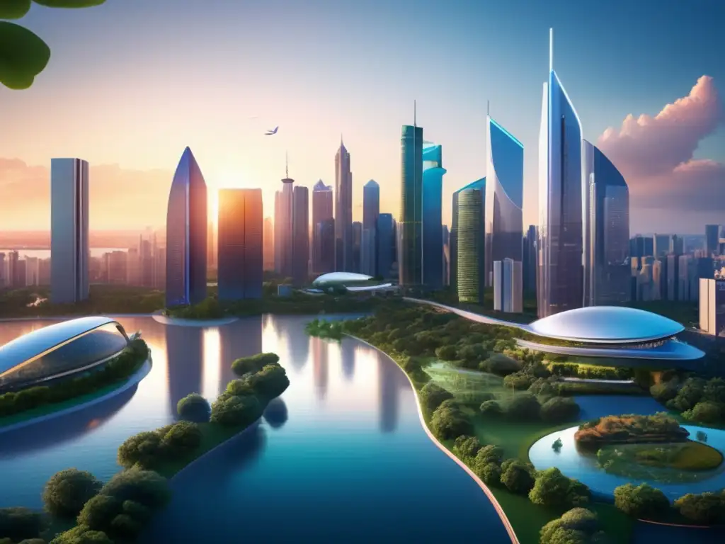 Ciudad sostenible: inversores discuten CDP Ciudad sostenible y moderna al atardecer con edificios futuristas y verde exuberante