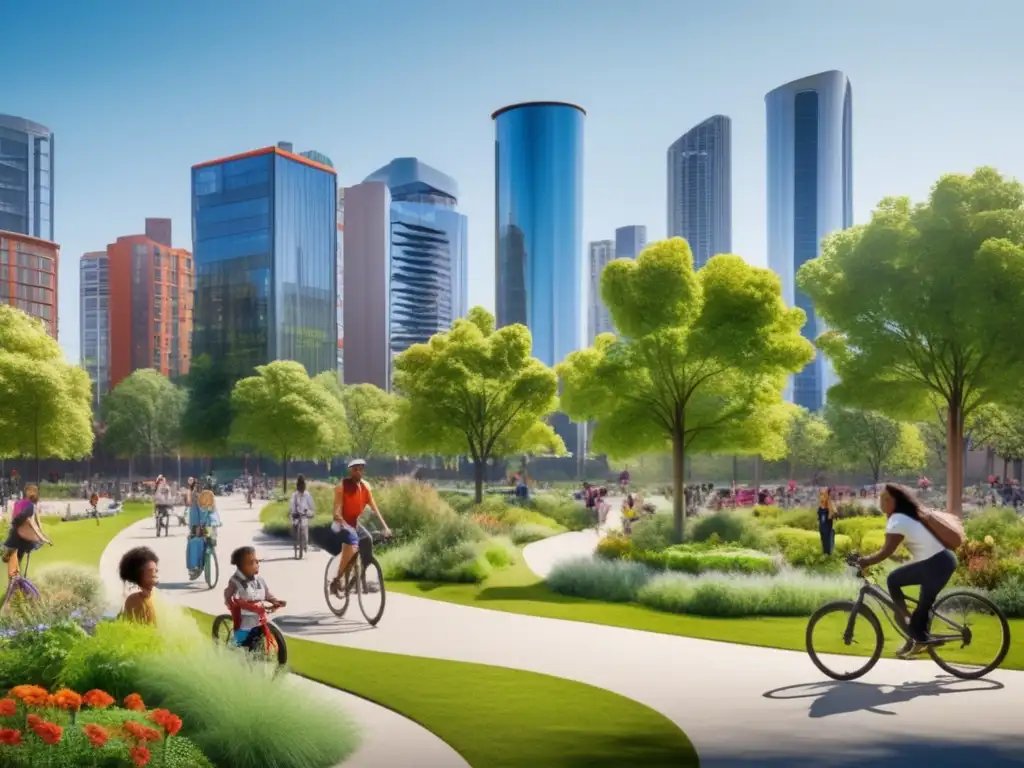 Ciudad sostenible: armonía entre naturaleza y desarrollo urban Ciudad sostenible con parque verde y actividades