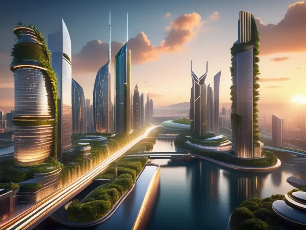 Ciudad futurista sostenible al atardecer Ciudad futurista sostenible con rascacielos modernos y jardines verticales, rodeada de paisaje verde