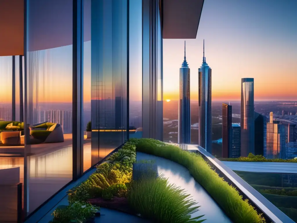 Skyscraper sostenible en ciudad moderna Ciudad sostenible con rascacielos REIT, reflejando el impacto del cambio climático (110 caracteres)