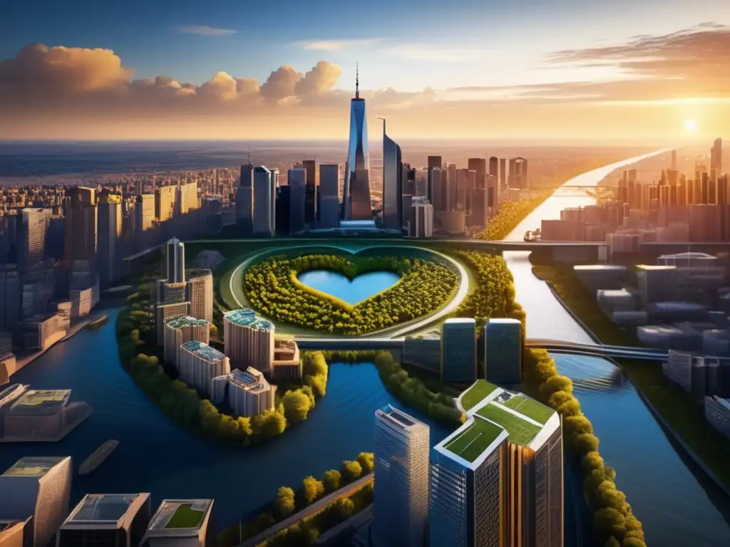 Ciudad sostenible al atardecer Ciudad sostenible: rascacielos, río, arquitectura moderna y energía renovable