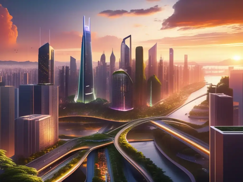 Ciudad sostenible con rascacielos y transporte futurista Ciudad sostenible con rascacielos, transporte futurista y naturaleza integrada - Índices de sostenibilidad en inversión