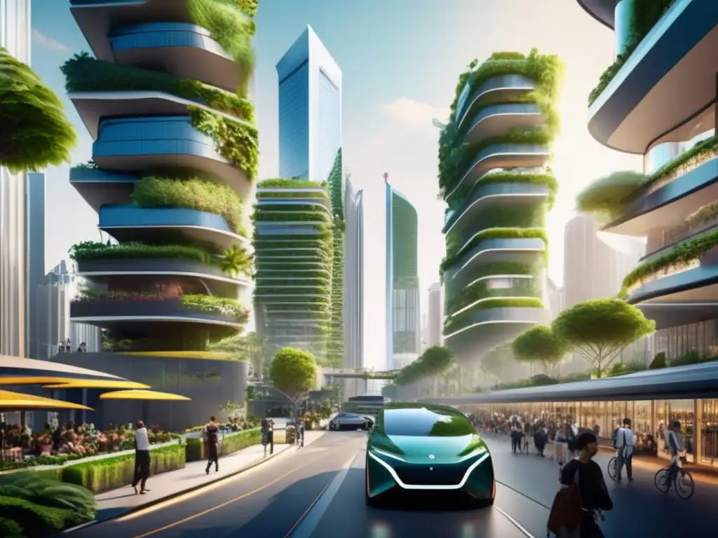 Ciudad sostenible con arquitectura verde Ciudad sostenible con rascacielos verdes y transporte eléctrico
