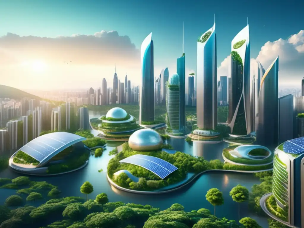 Ciudad futurista sostenible con rascacielos verdes Ciudad futurista sostenible con rascacielos verdes y paneles solares