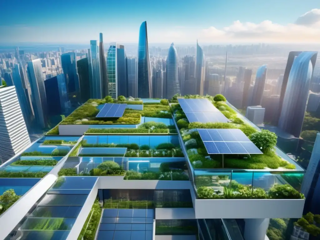 Futuro sostenible: ciudad verde y energética Ciudad sostenible con rascacielos de vidrio energético, jardines verticales y energía solar