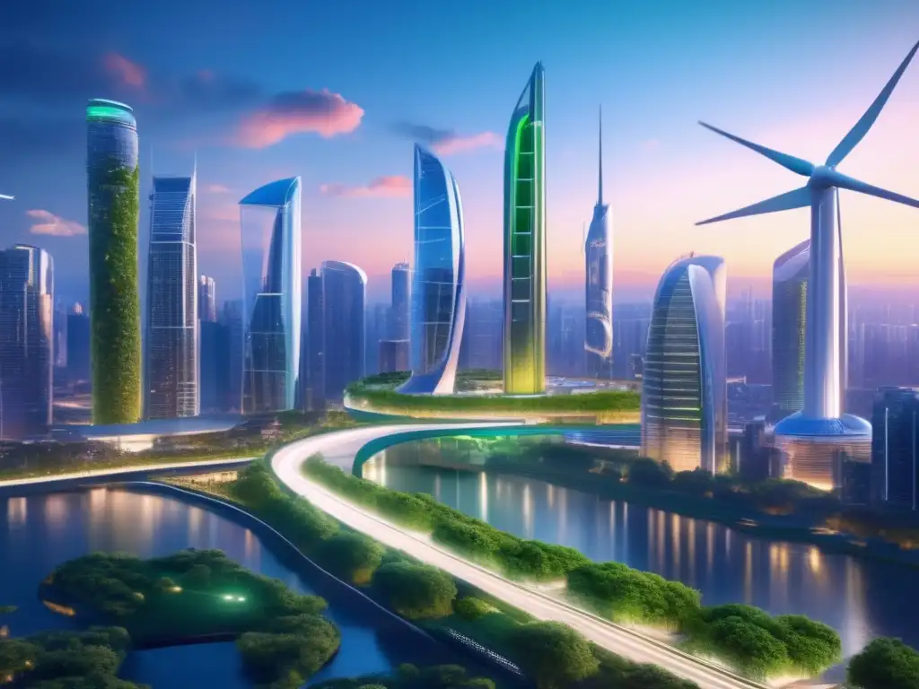 Ciudad futurista sostenible al atardecer Ciudad futurista sostenible con REITs: impacto del cambio climático