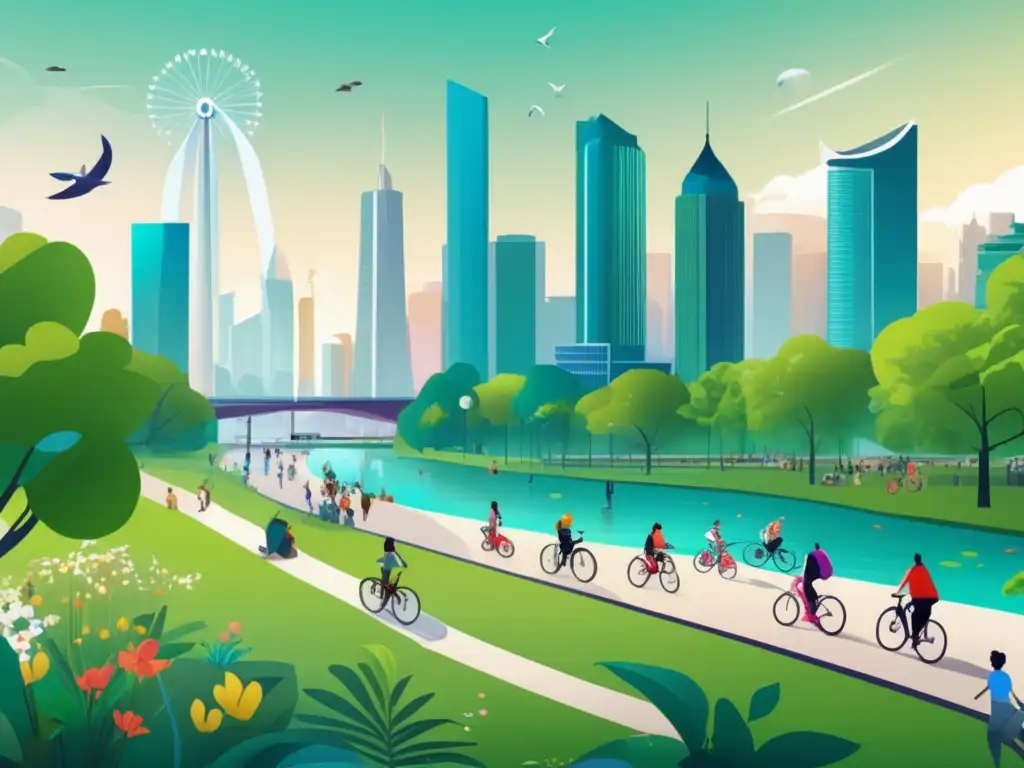 Ciudad sostenible con rascacielos, parque verde y energía renovable Ciudad sostenible: inversión verde y éxito financiero