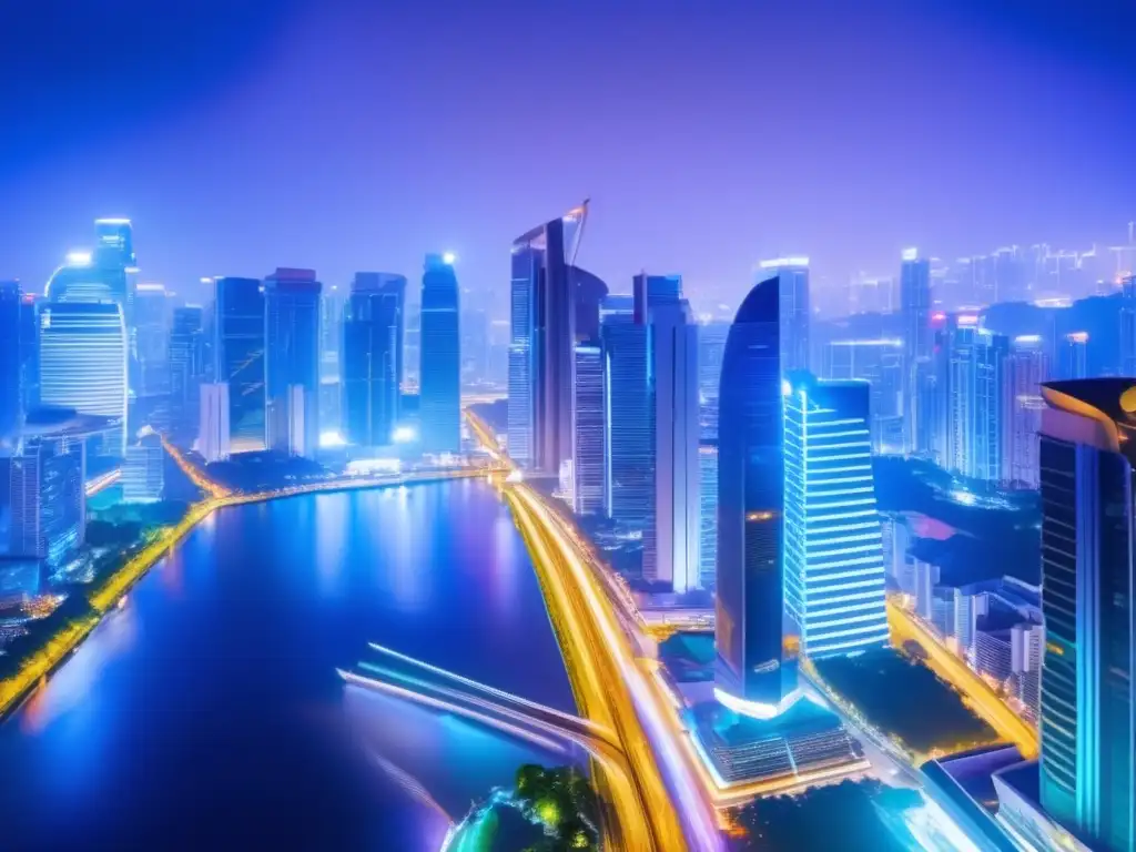 Moderna ciudad asiática: rascacielos y profesionales Ciudad del sudeste asiático con rascacielos modernos y vibrante ambiente de inversión, destacando la colaboración internacional