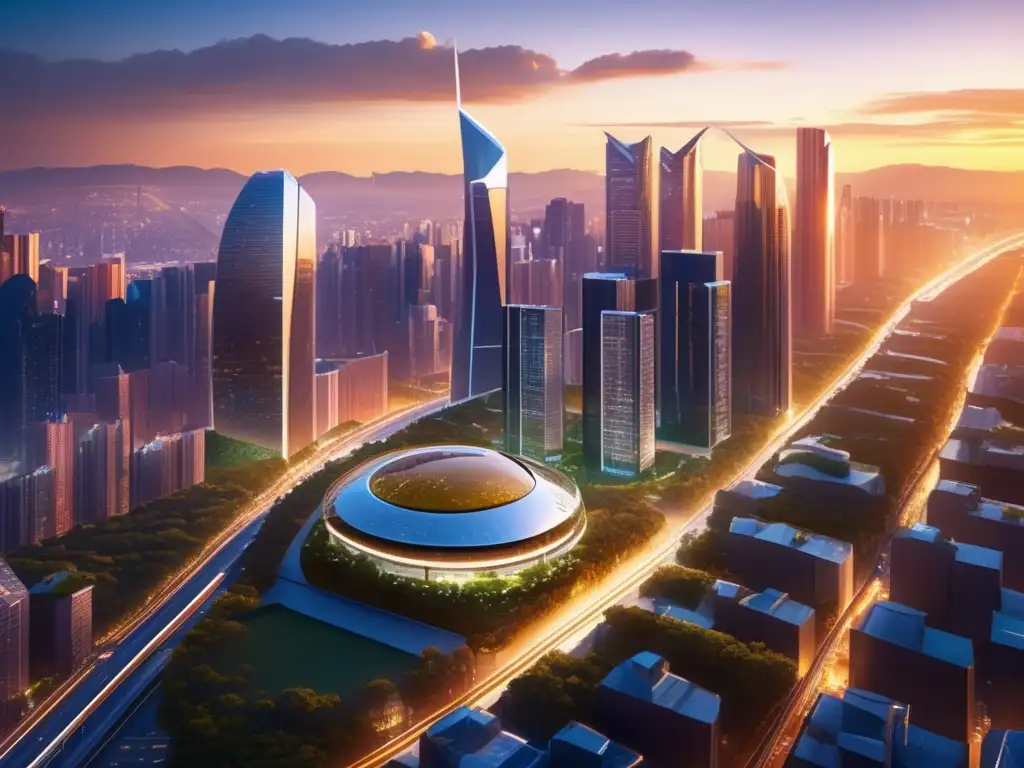 Hermoso atardecer urbano con desarrollo sostenible Ciudad sustentable que combina desarrollo urbano y naturaleza, generando beneficios económicos del negocio del carbono