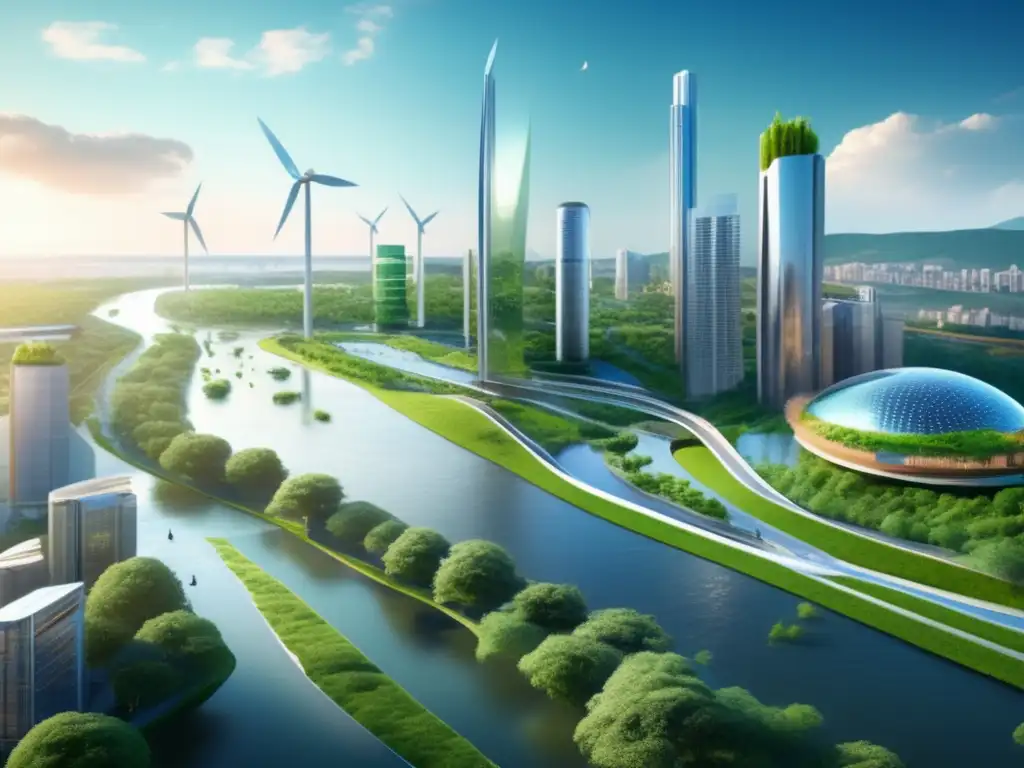 Ciudad sostenible con río y naturaleza Ciudad sustentable con edificios eco-amigables y naturaleza vibrante: Inversión en propiedades residenciales y cambio climático