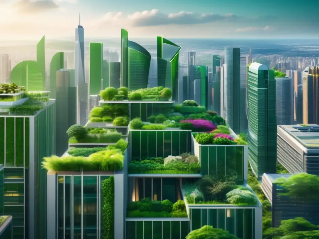 Ciudad sostenible con rascacielos verdes Ciudad verde con edificios altos y jardines verticales, representa crecimiento mercado bonos verdes
