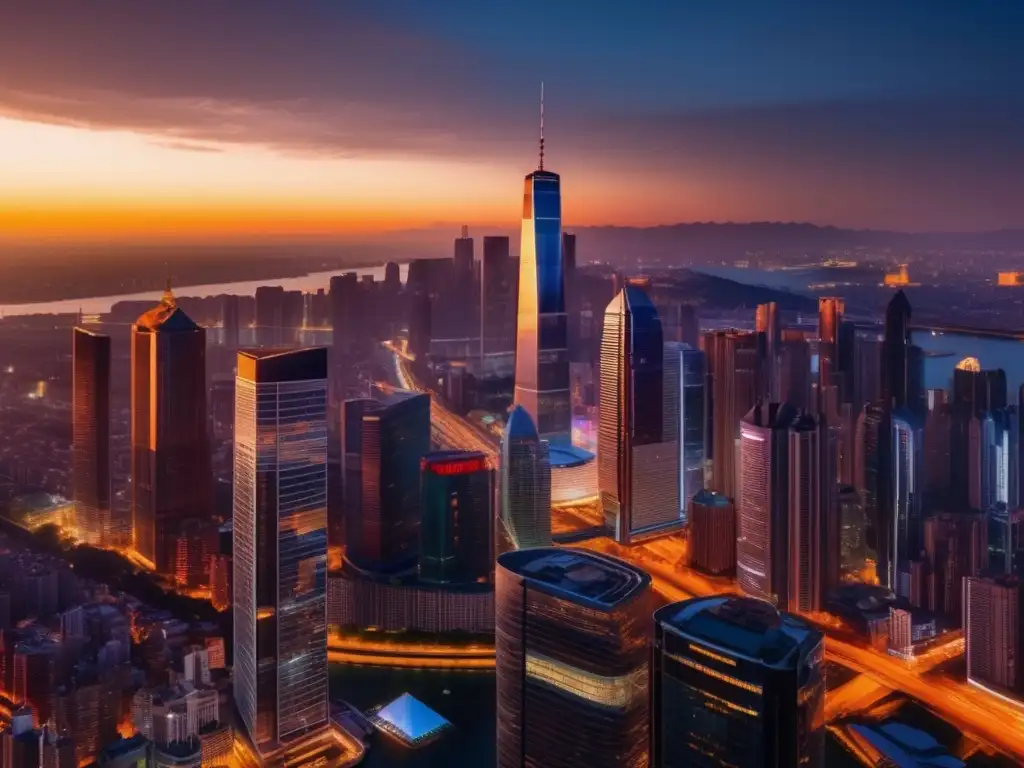 Panorama urbano al atardecer Ciudad vibrante al atardecer: Cursos estrategias inversión a largo plazo