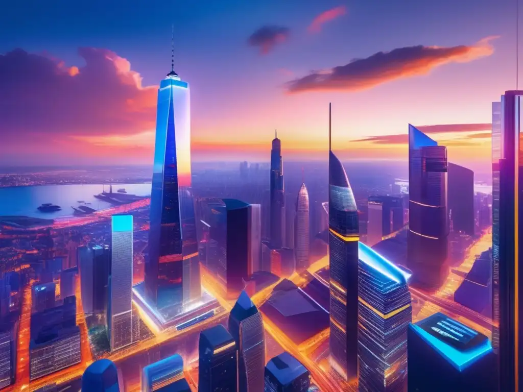 Ciudad vibrante al atardecer Ciudad vibrante al atardecer, reflejando la economía dinámica y protección ante la inflación