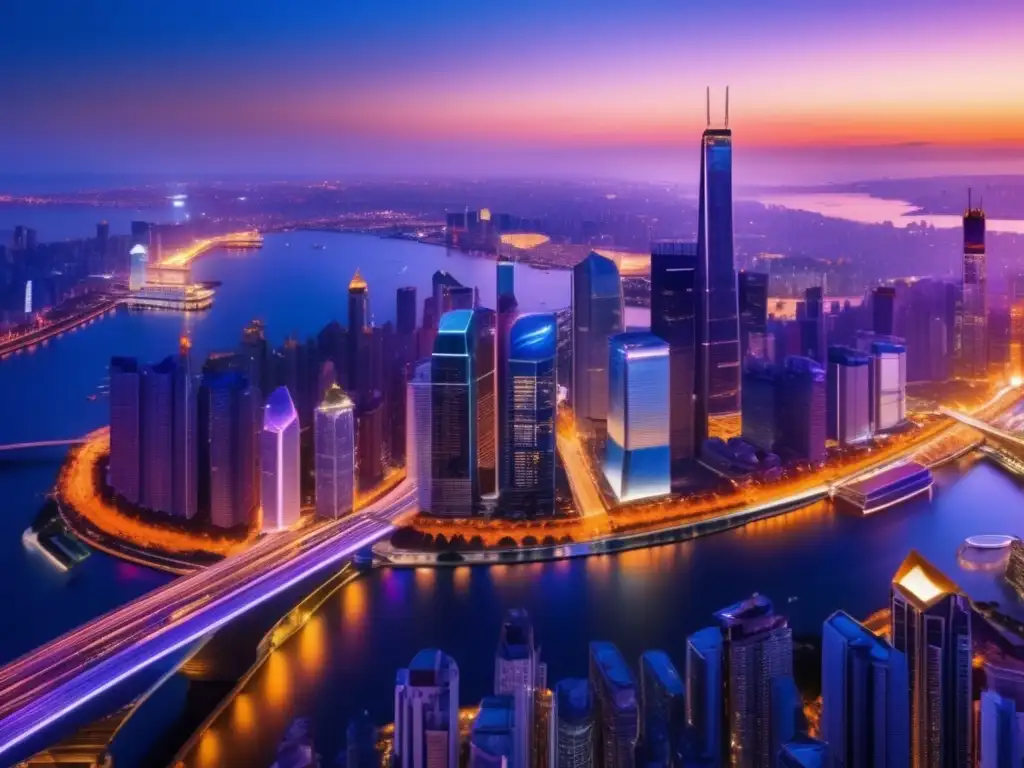 Vibrante ciudad al anochecer con rascacielos iluminados Ciudad vibrante al atardecer: Geopolítica y acciones de energía