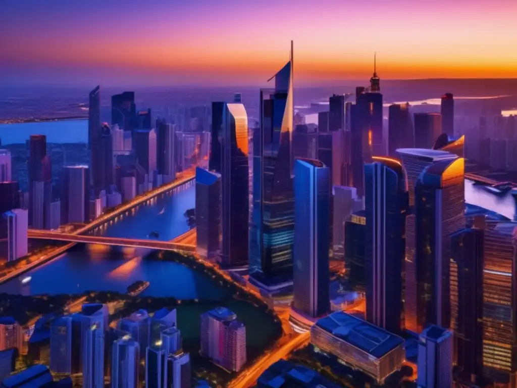 Impresionante ciudad vibrante al atardecer Ciudad vibrante al atardecer con rascacielos modernos reflejando el sol