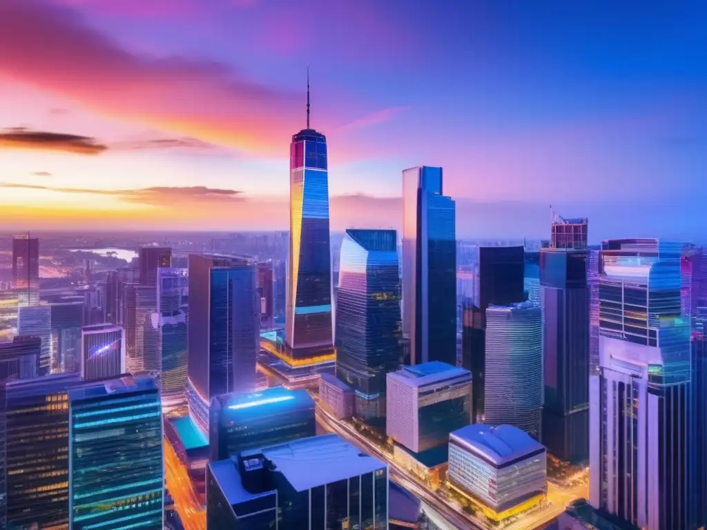 Ciudad moderna llena de energía y ambición Ciudad vibrante al atardecer con rascacielos, profesionales discutiendo ideas para evitar errores comunes al invertir en franquicias