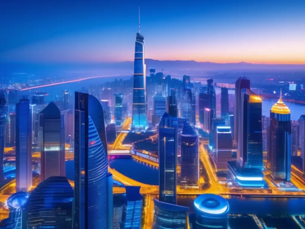 Ciudad futurista iluminada al atardecer Ciudad vibrante al atardecer, rascacielos futuristas iluminados
