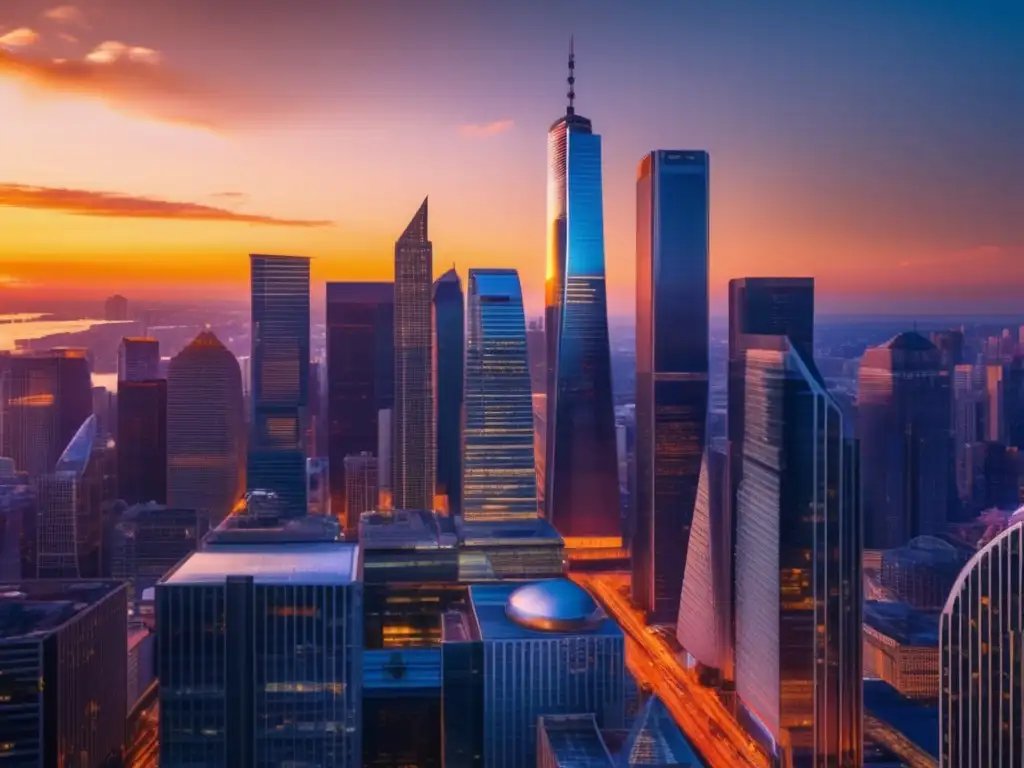 Ciudad moderna al atardecer, símbolo de la economía global Ciudad vibrante al atardecer con rascacielos modernos y cielo espectacular