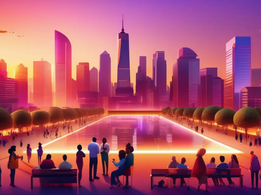 Comunidad educativa diversa en ciudad vibrante MejorInversiónEducaDesarrollo2023: Ciudad vibrante al atardecer, rascacielos reflejan tonos cálidos