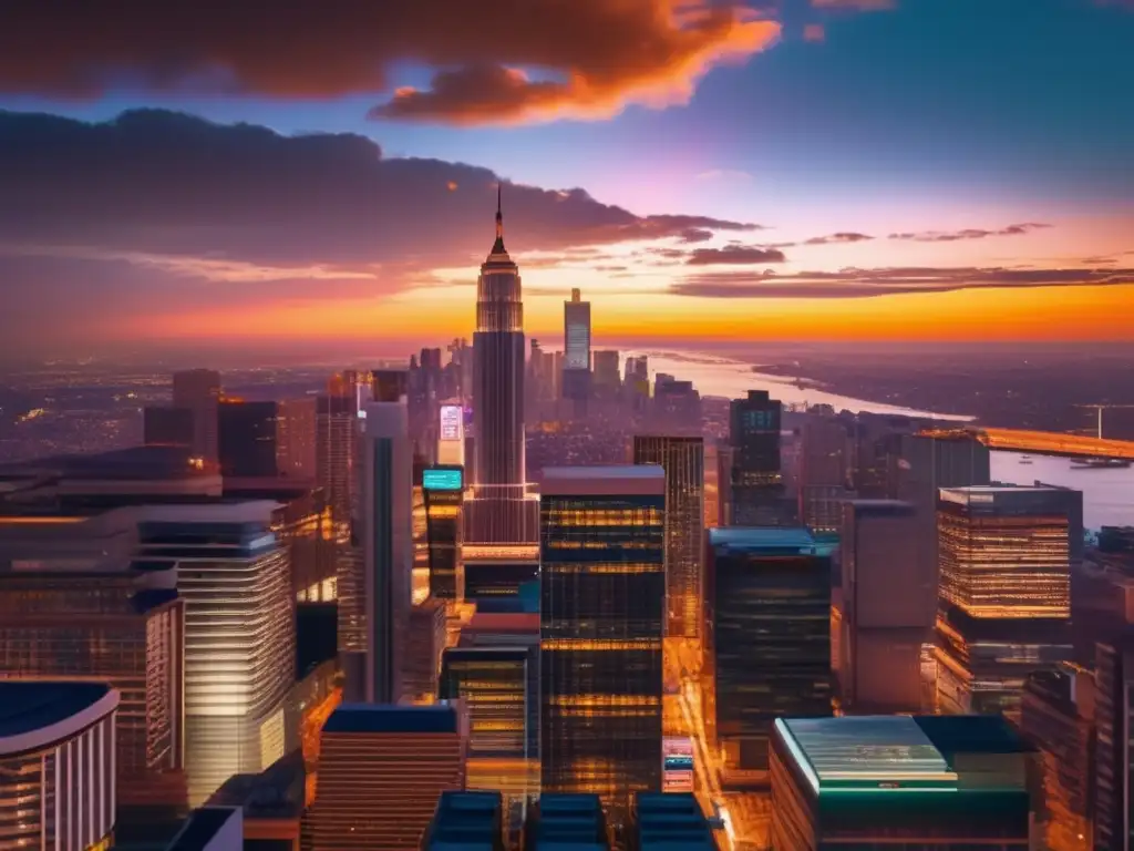 Ciudad vibrante al atardecer con rascacielos modernos Ciudad vibrante al atardecer con rascacielos modernos y empresas con propósito en finanzas