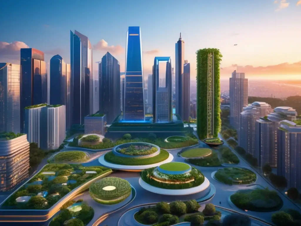 Ciudad sostenible con tecnología y naturaleza Ciudad vibrante al atardecer con rascacielos modernos, jardines verticales, transporte sostenible y espacios verdes