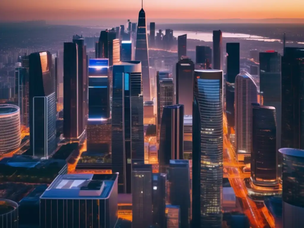 Ciudad en crecimiento y prosperidad Ciudad vibrante al atardecer con rascacielos modernos y actividad económica, destacando el impacto de los mercados inmobiliarios en la economía local