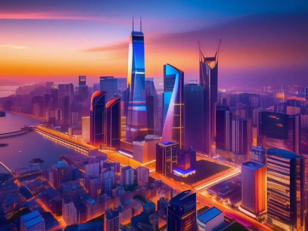 Ciudad vibrante al atardecer con logo B Corp Ciudad vibrante al atardecer con skyline moderno y Certificaciones B Corp para empresas sostenibles