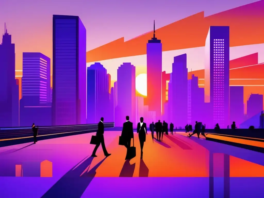 Ciudad vibrante al atardecer Cityscape at sunset, bustling with activity