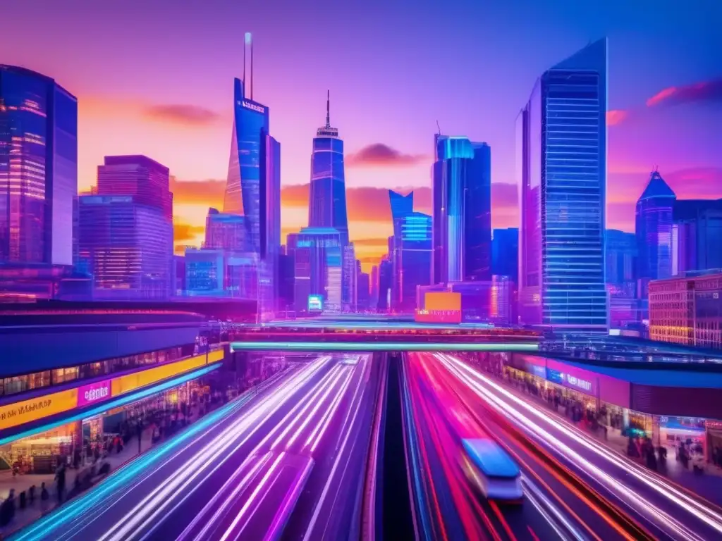 Ciudad vibrante y dinámica al anochecer Ciudad vibrante y dinámica al anochecer con rascacielos iluminados, autos y gente