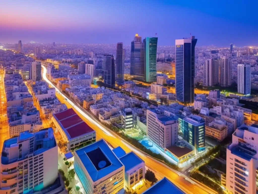 Tel Aviv: Ciudad vibrante al atardecer Ciudad vibrante de Tel Aviv, Israel, con sus icónicas torres Azrieli y el ambiente innovador de sus hubs de startups internacionales