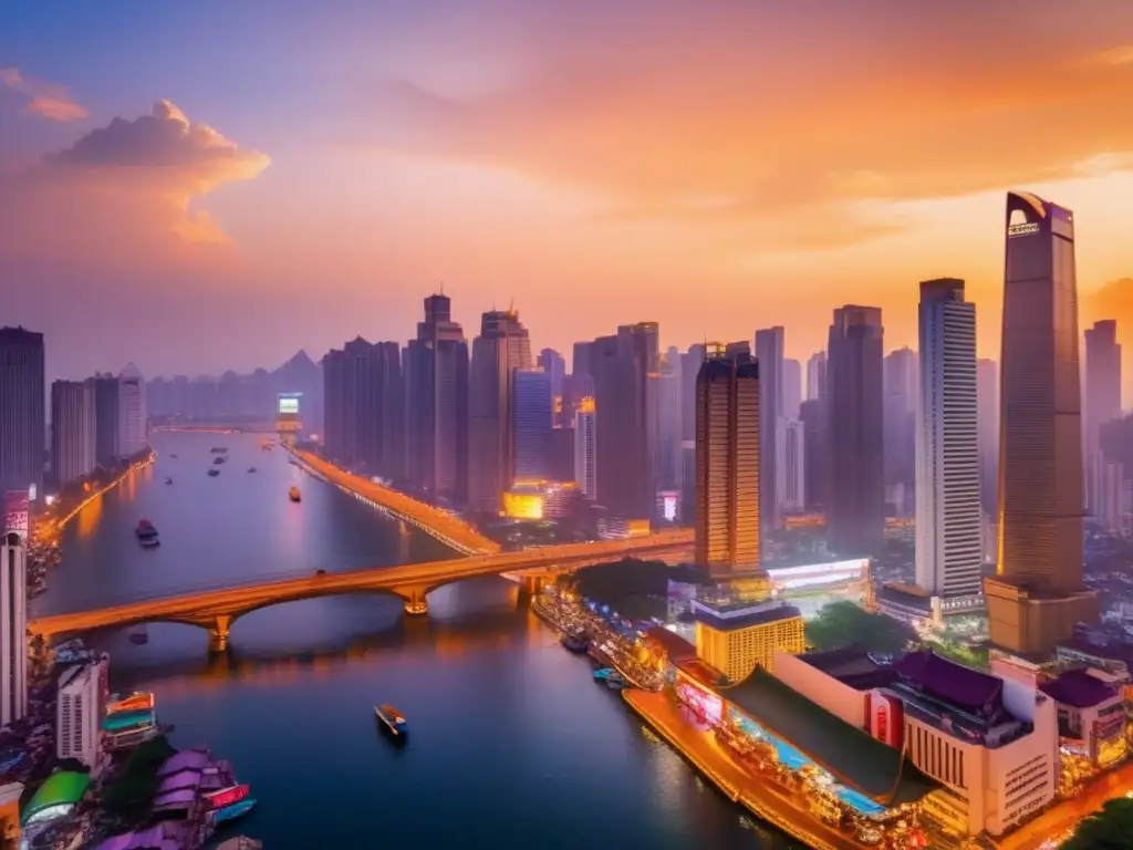 Ciudad asiática moderna y tradicional al atardecer Ciudad asiática vibrante con rascacielos, comercio y oportunidades de inversión en Asia