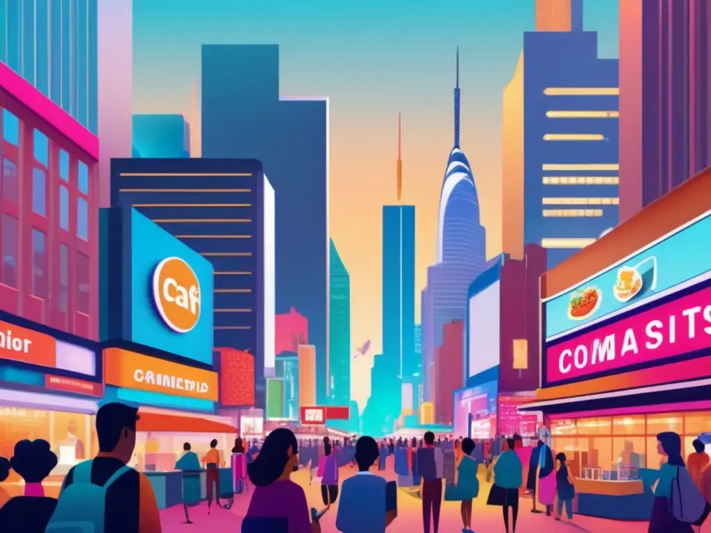 Ciudad moderna con rascacielos y gente diversa Ciudad vibrante con rascacielos, diversidad demográfica y propiedades comerciales: cambios demográficos y propiedades comerciales