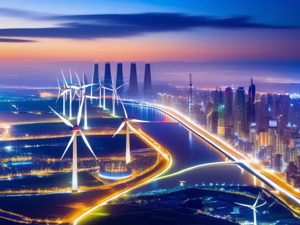 Ciudad vibrante con energía renovable Una ciudad vibrante con rascacielos y una granja eólica, simbolizando la energía renovable y la resiliencia económica frente a crisis