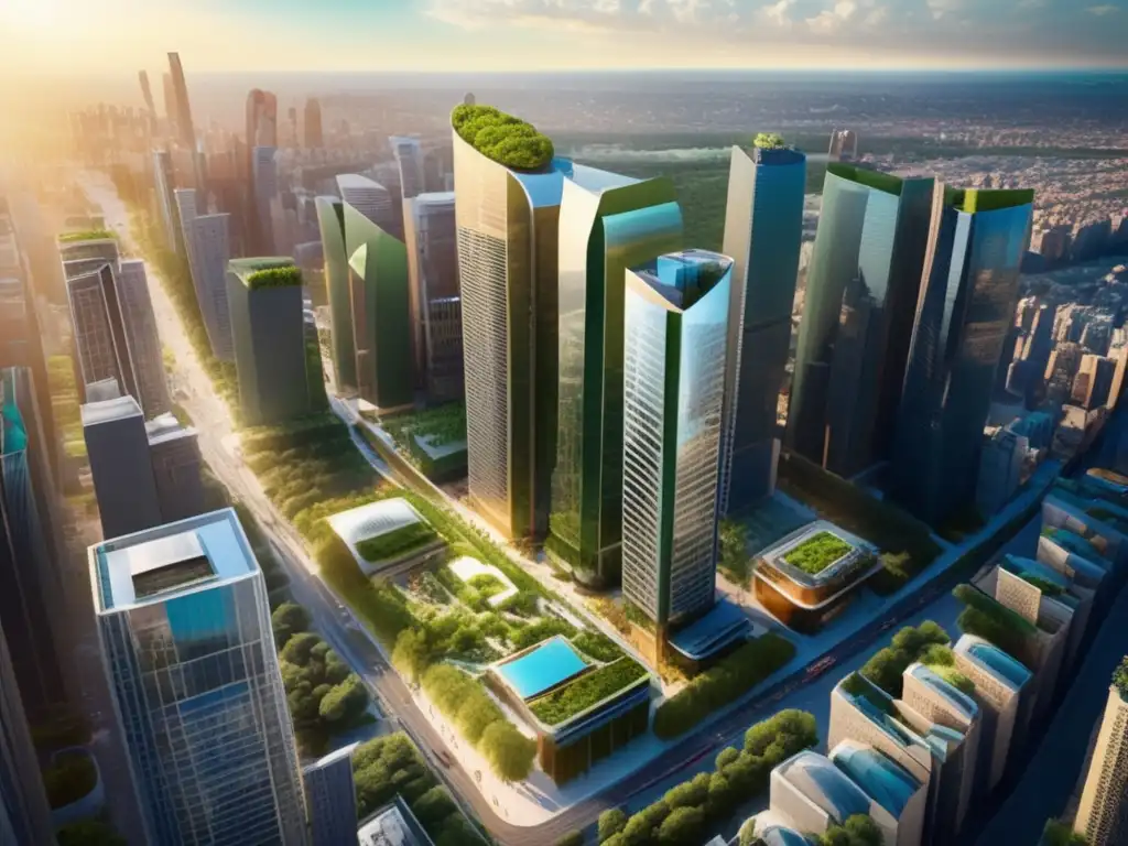 Ciudad vibrante con rascacielos y jardines en los techos Ciudad vibrante con rascacielos, jardines en rooftops y colaboración en alianzas públicoprivadas para inversiones de impacto