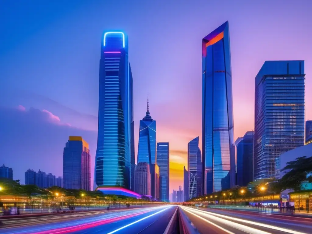 Ciudad moderna y vibrante al atardecer Ciudad vibrante con rascacielos modernos, actividad diversa y empresas con propósito identificables