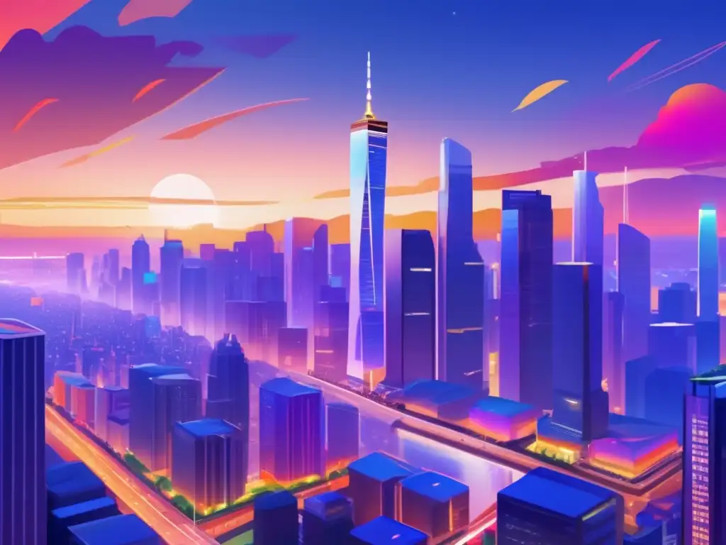 Ciudad sostenible al atardecer Ciudad vibrante al anochecer, con rascacielos modernos, luces coloridas y comunidad diversa