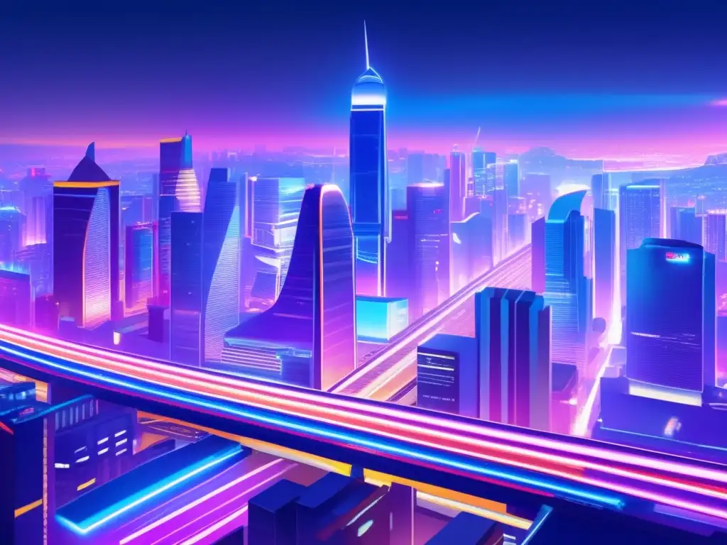 Ciudad asiática futurista: luces neón, rascacielos y transporte avanzado Ciudad asiática vibrante con rascacielos, transporte futurista y vida nocturna