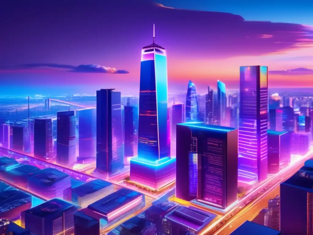 Ciudad moderna con rascacielos de cristal y luces neon Ciudad vibrante con rascacielos de vidrio, luces neon y diversidad social